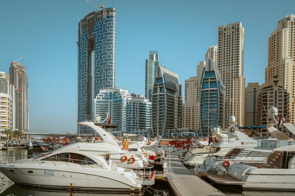 Dubai Marina Under Blue Sky